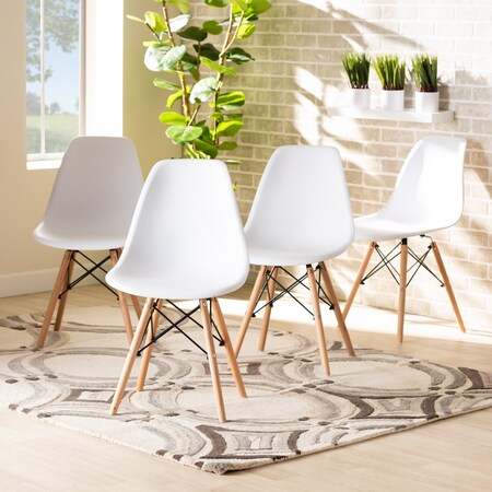 Baxton Studio Jaspen Modern White Plastic and Oak Brown Finished Wood Dining Chair Set , PK4 192-4PC-12019-ZORO
